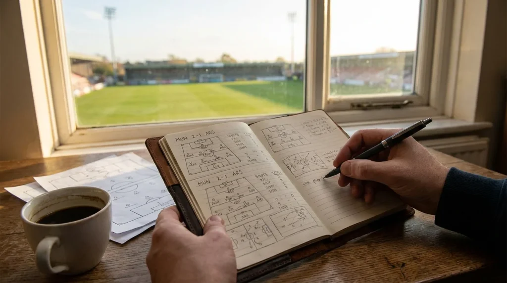 Persona analizza dati di una partita di calcio su un quaderno con statistiche e penna, stadio in erba naturale sfocato sullo sfondo