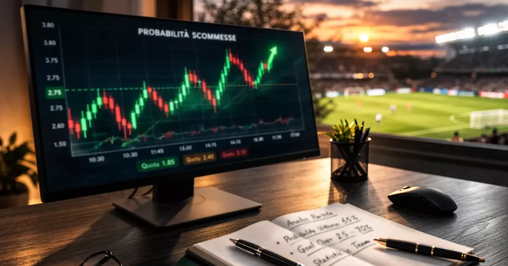 Schermo di un computer mostra un grafico di quote in movimento durante una partita di calcio, con stadio sfocato sullo sfondo