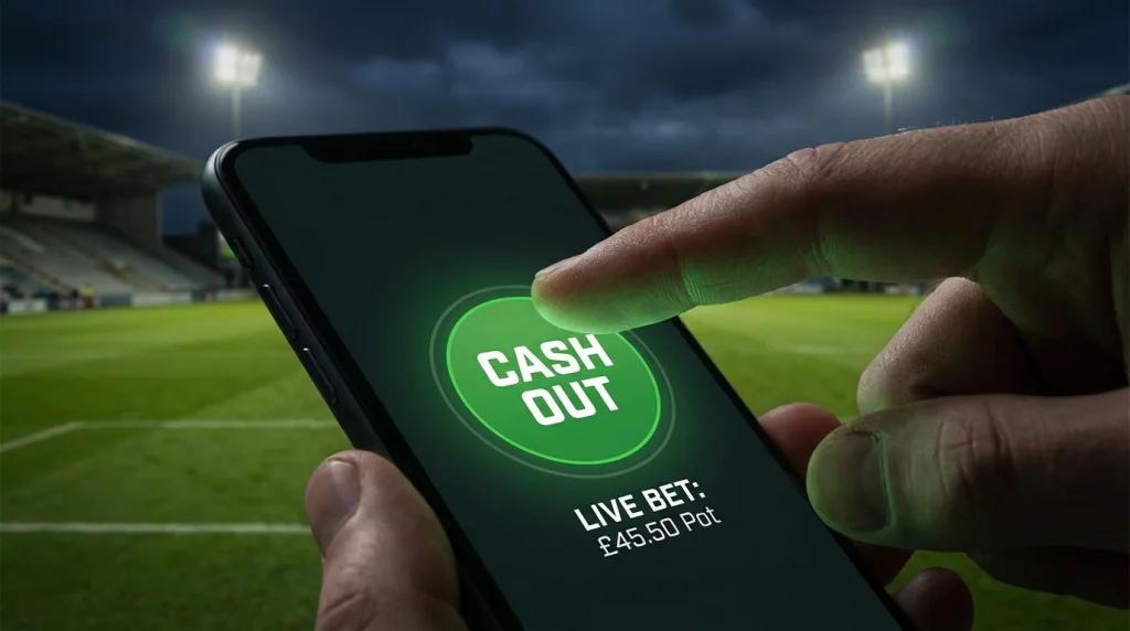 Mano che preme un pulsante verde su uno schermo di scommesse durante una partita di calcio con stadio illuminato sullo sfondo