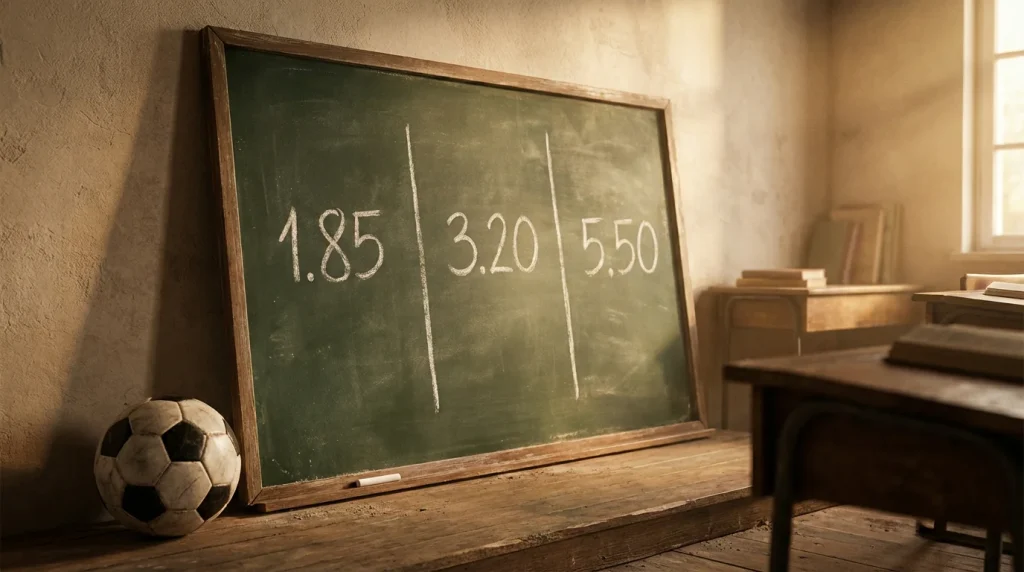 Lavagna con numeri e quote scritte col gesso accanto a un pallone da calcio su un campo in erba naturale