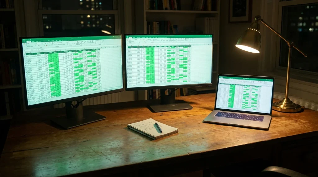 Più schermi affiancati mostrano tabelle di quote diverse per la stessa partita di calcio su una scrivania ordinata