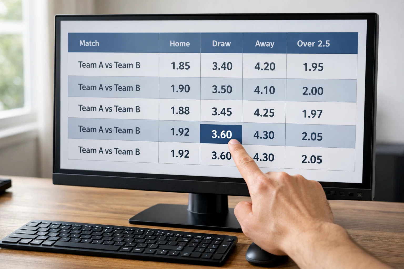 Schermo di computer con comparatore di quote di diversi bookmaker per una partita di calcio