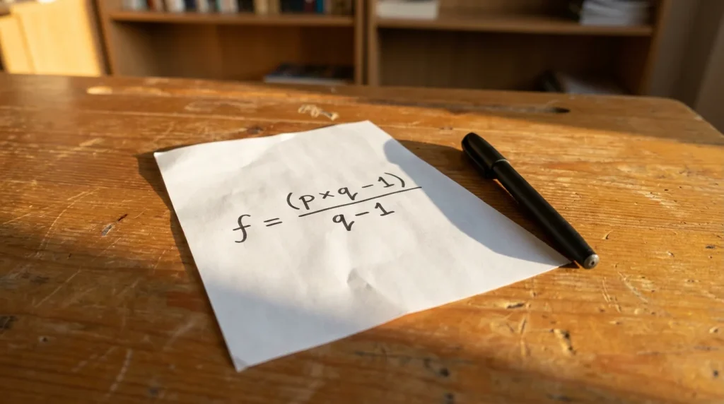 Foglio con formula matematica scritta a mano e una penna su una scrivania di legno con luce naturale calda laterale