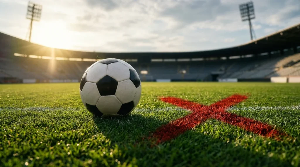 Pallone da calcio su un campo in erba naturale con una X rossa dipinta accanto, illuminato da luce drammatica laterale