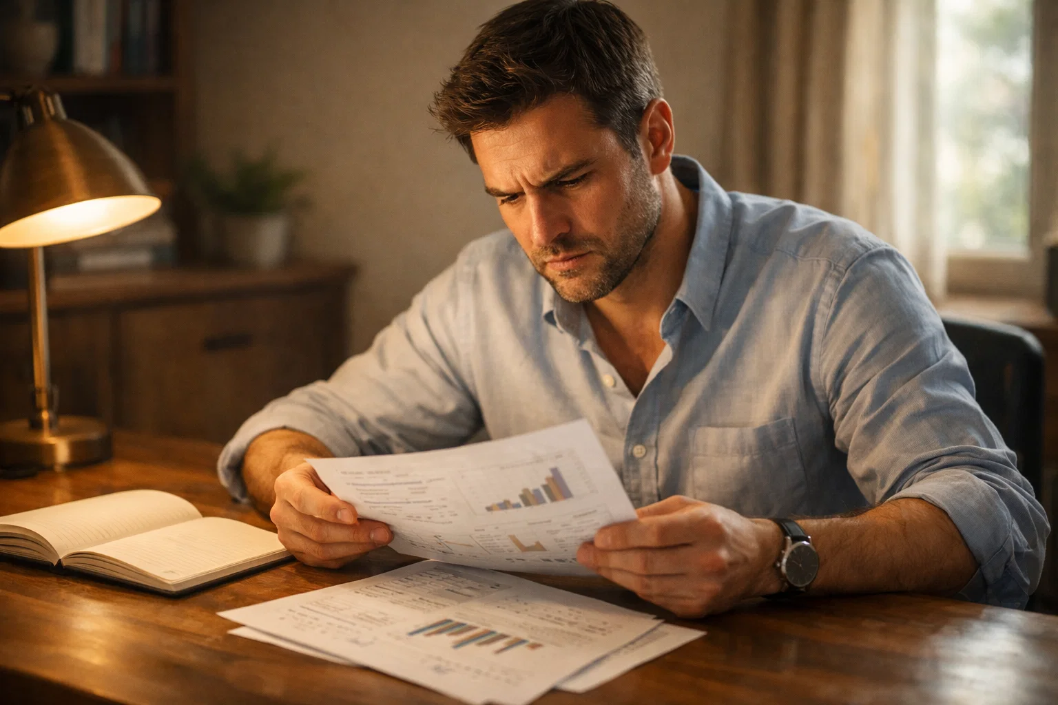 Persona concentrata che analizza dati e statistiche su documenti cartacei