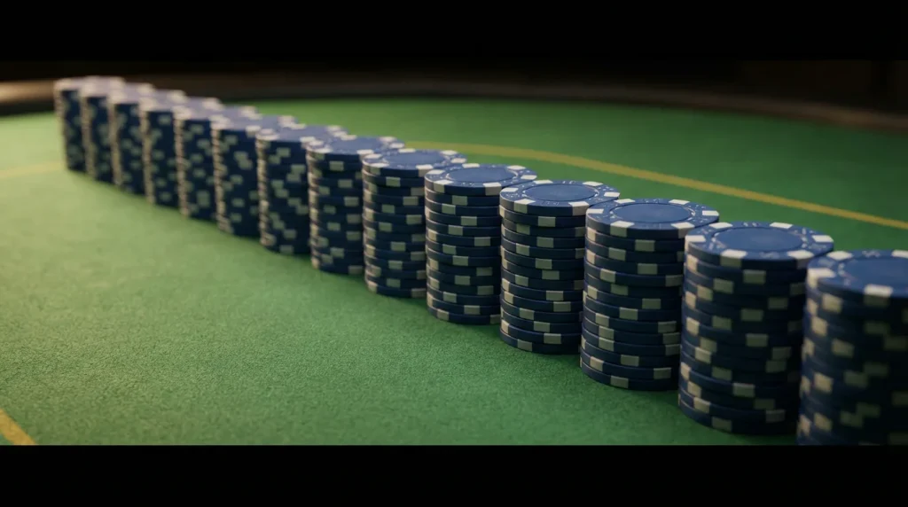 Fila ordinata di fiches da poker tutte della stessa altezza su un panno verde con luce morbida e uniforme