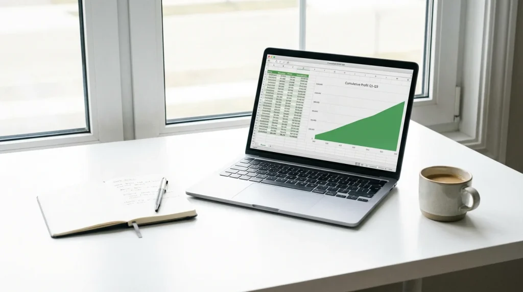 Schermo di un laptop mostra un foglio di calcolo con una curva di profitto ascendente e colonne di dati ordinati