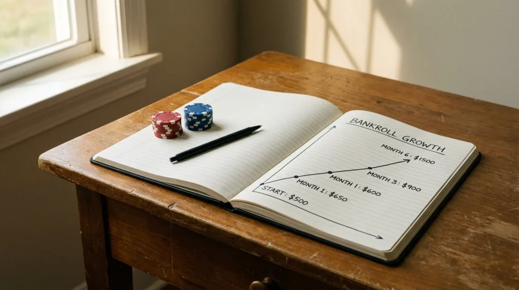 Quaderno aperto con grafici di crescita del capitale e una penna su una scrivania di legno con luce naturale laterale