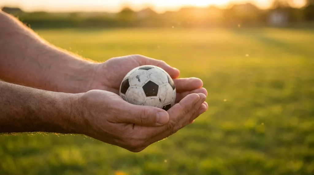 Mani aperte che proteggono un piccolo pallone da calcio su un prato verde in erba naturale con luce calda del tramonto