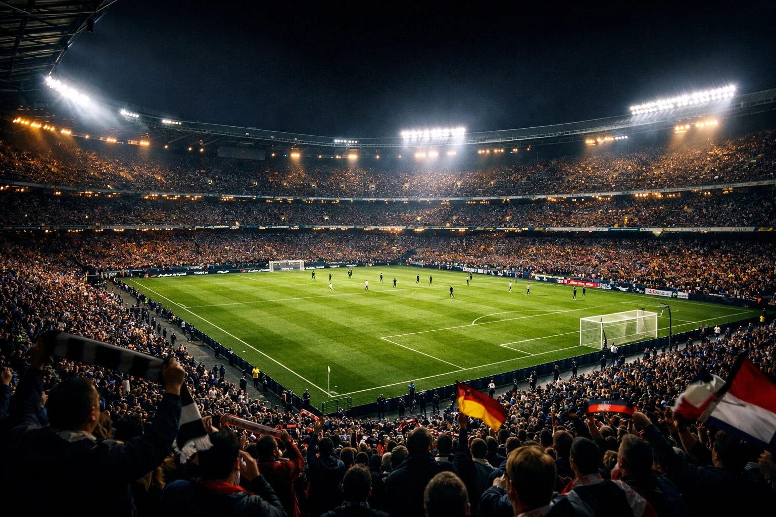 Stadio di calcio illuminato durante una partita serale con atmosfera epica