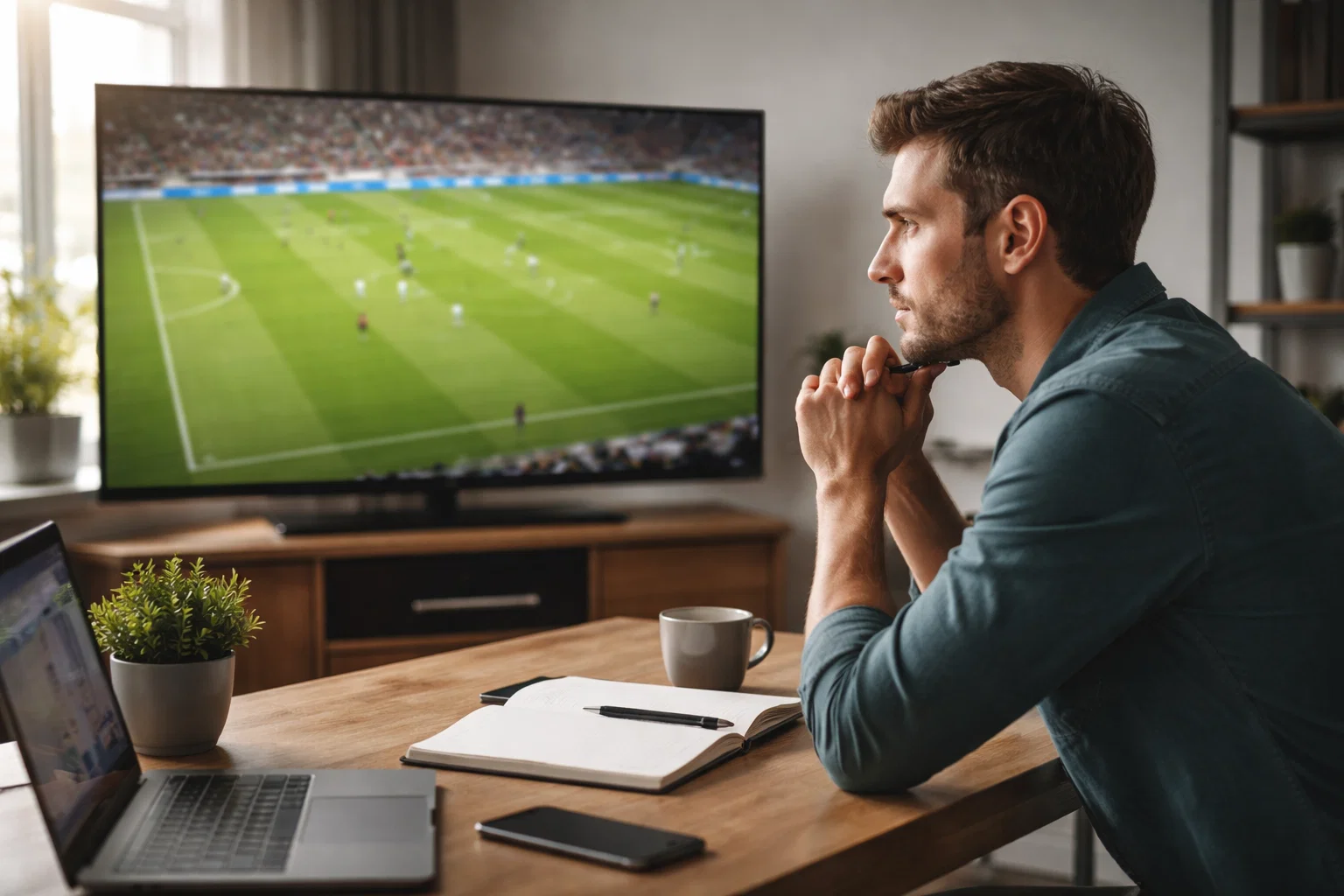 Analista sportivo che osserva attentamente una partita di calcio