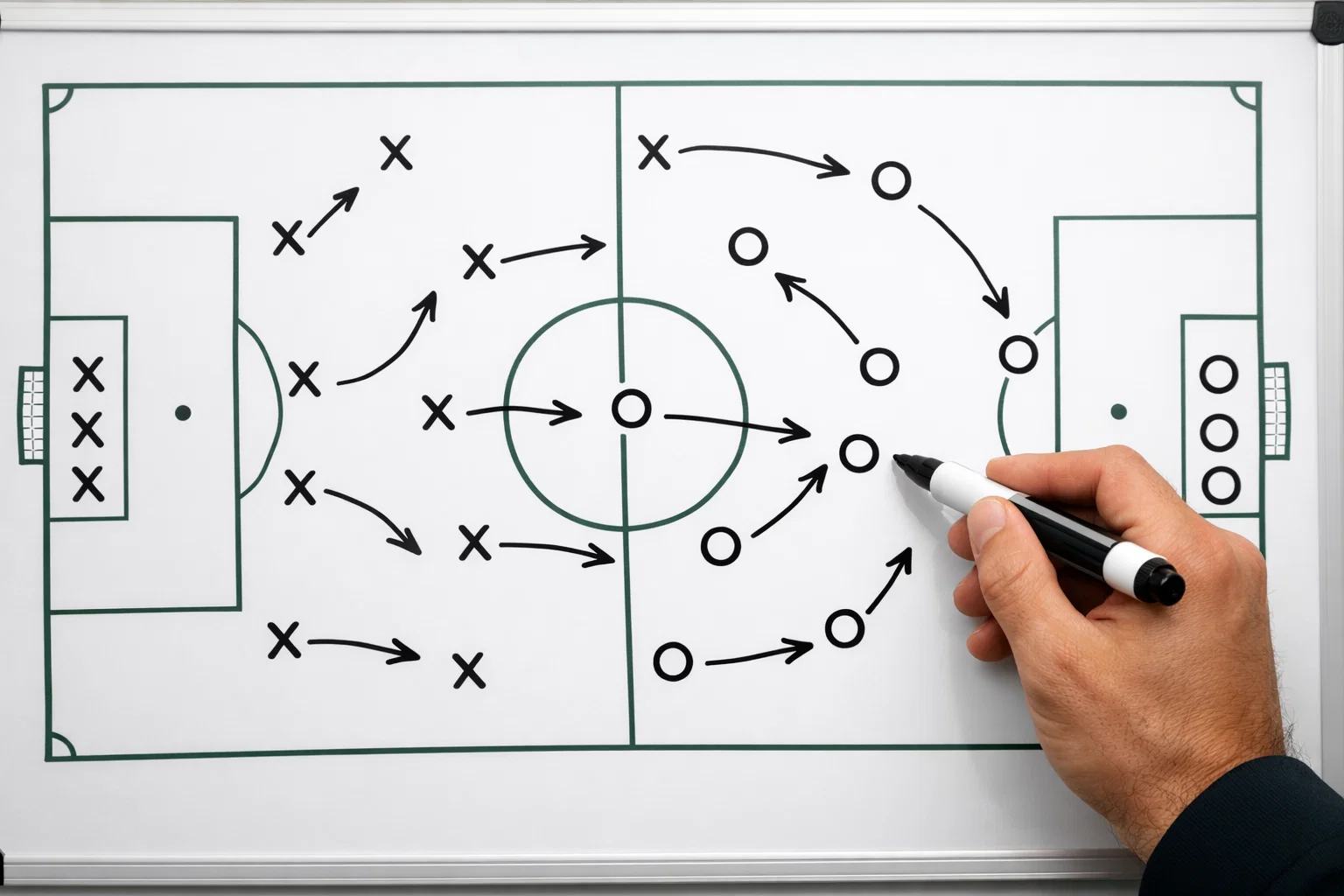 Tattica di calcio disegnata su una lavagna