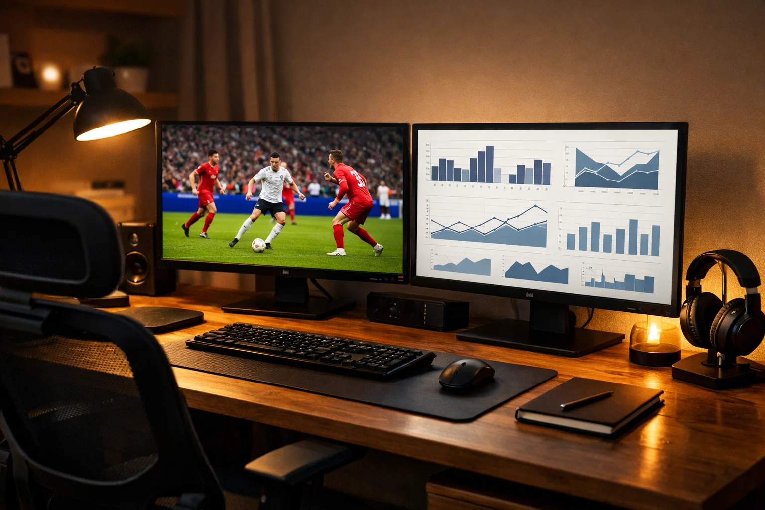 Setup con più schermi per monitorare partite di calcio