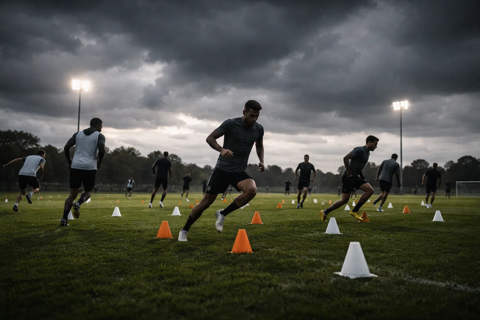 Calciatori che si allenano su un campo con condizioni meteo variabili