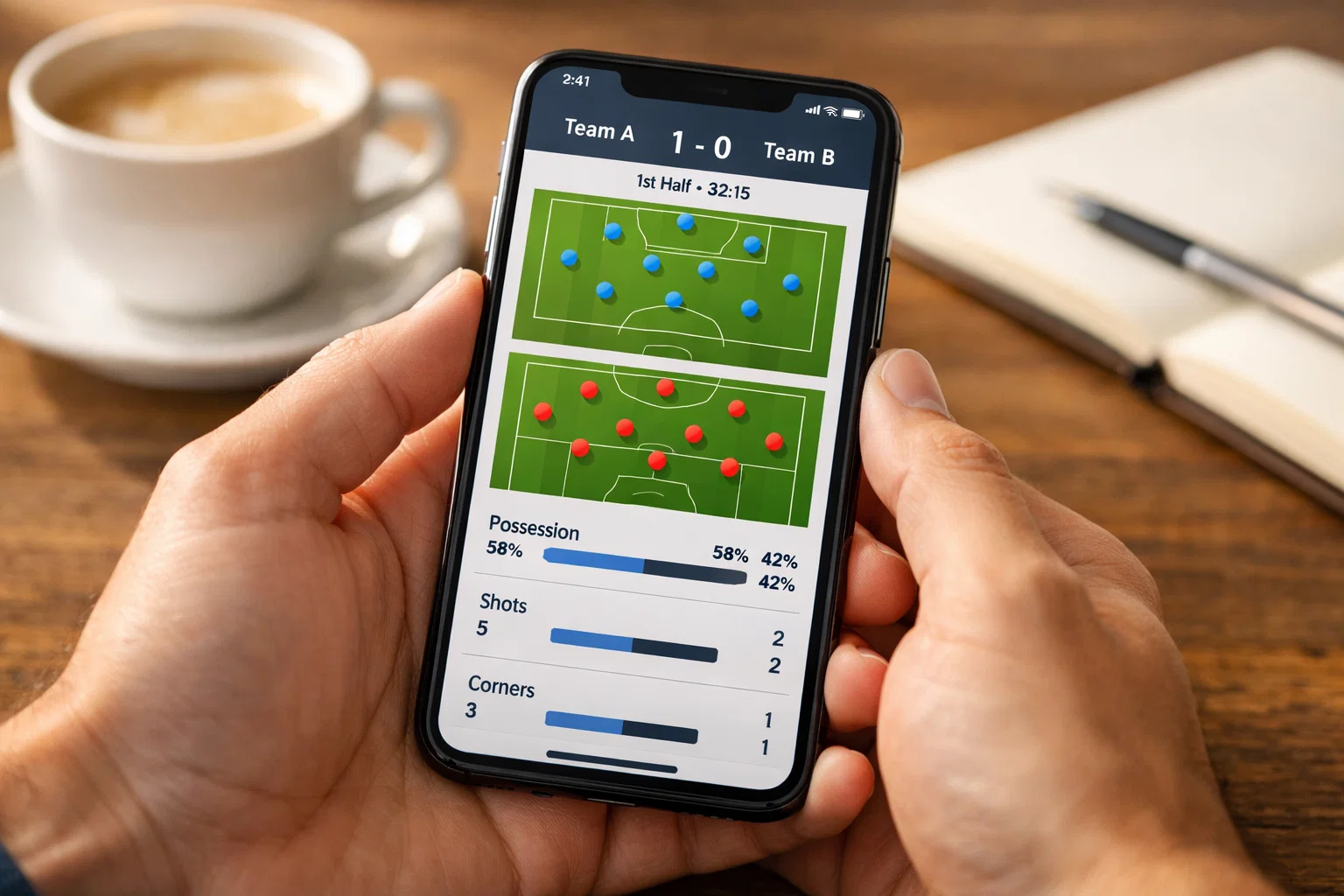 Smartphone che mostra applicazione di statistiche sportive