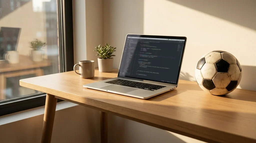 Laptop con righe di codice sullo schermo accanto a un pallone da calcio su una scrivania moderna illuminata da luce calda