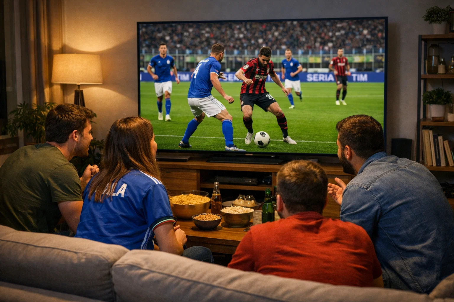 Tifosi che guardano una partita di calcio in diretta su grande schermo