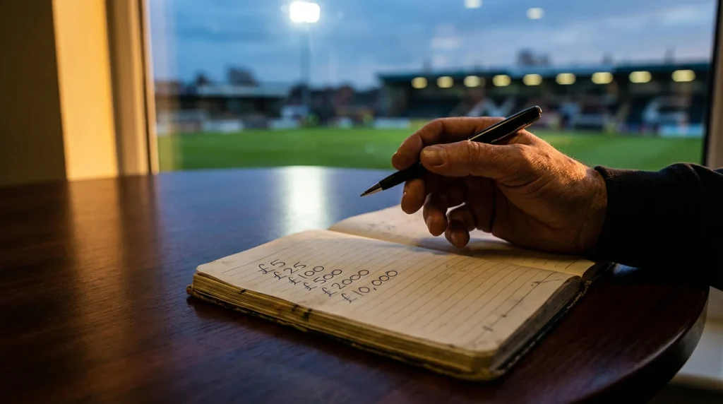 Mano di uno scommettitore esita davanti a una puntata alta scritta su un foglio, con un campo da calcio illuminato dai riflettori sullo sfondo