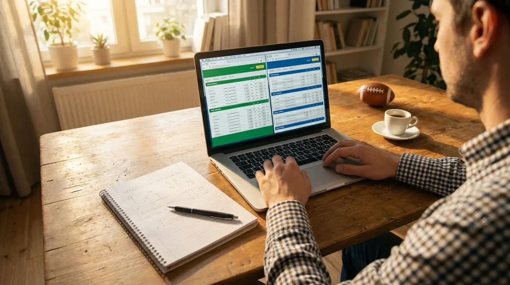 Scommettitore confronta due schermate di bookmaker su un laptop mentre prende appunti su un quaderno, ambiente domestico luminoso