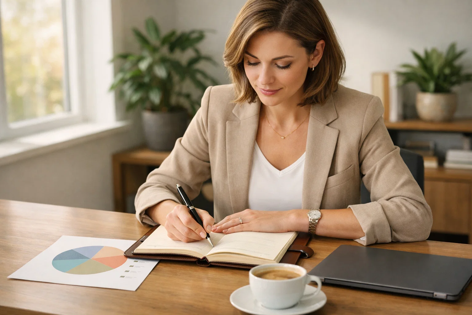 Professionista alla scrivania che gestisce budget con appunti e grafici