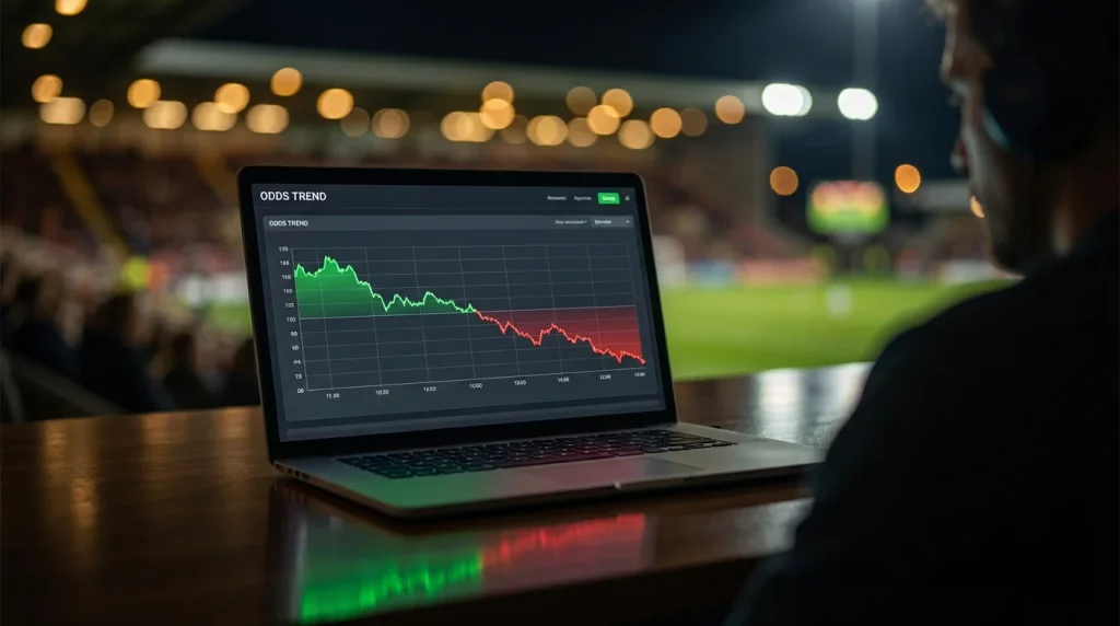 Grafico di una linea di quota che scende su uno schermo scuro con riflessi di un campo da calcio illuminato