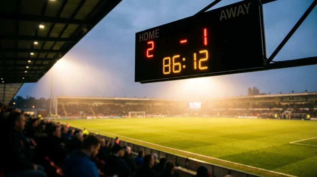 Tabellone di uno stadio di calcio con il punteggio in primo piano e il campo in erba naturale illuminato dai riflettori sullo sfondo