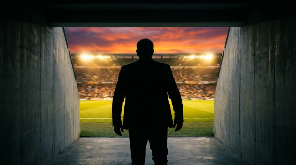 Silhouette di una persona pensierosa di fronte a un grande stadio di calcio illuminato al tramonto con cielo arancione