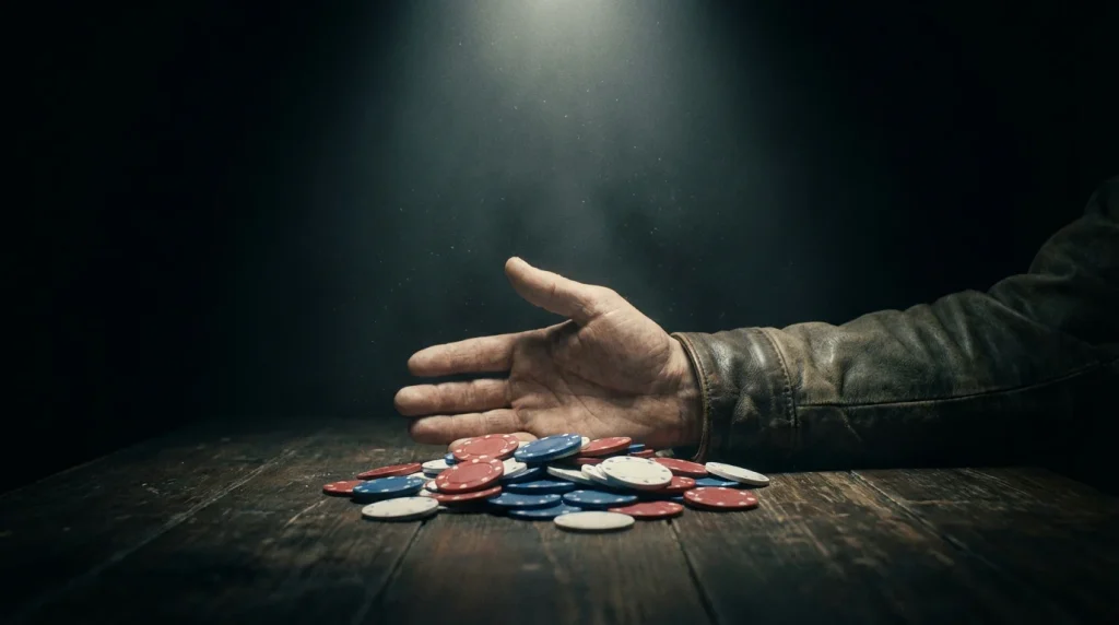 Mano che si allontana da una pila di fiches da poker su un tavolo scuro con luce drammatica dall'alto
