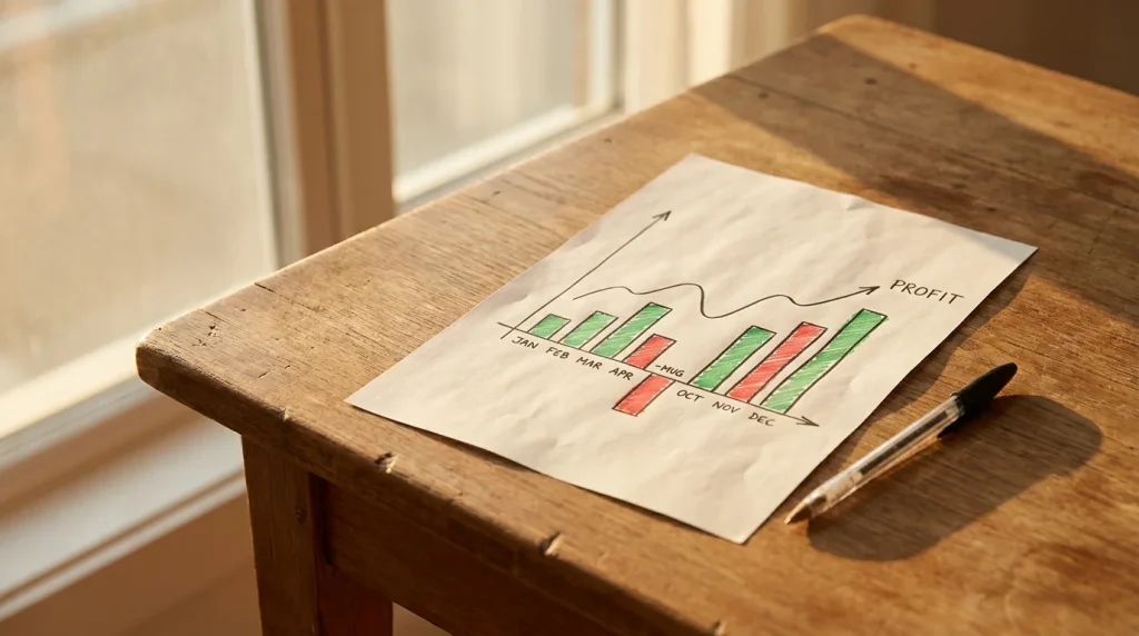 Foglio con grafici a barre e una linea di profitto ascendente disegnata a penna su una scrivania con luce naturale