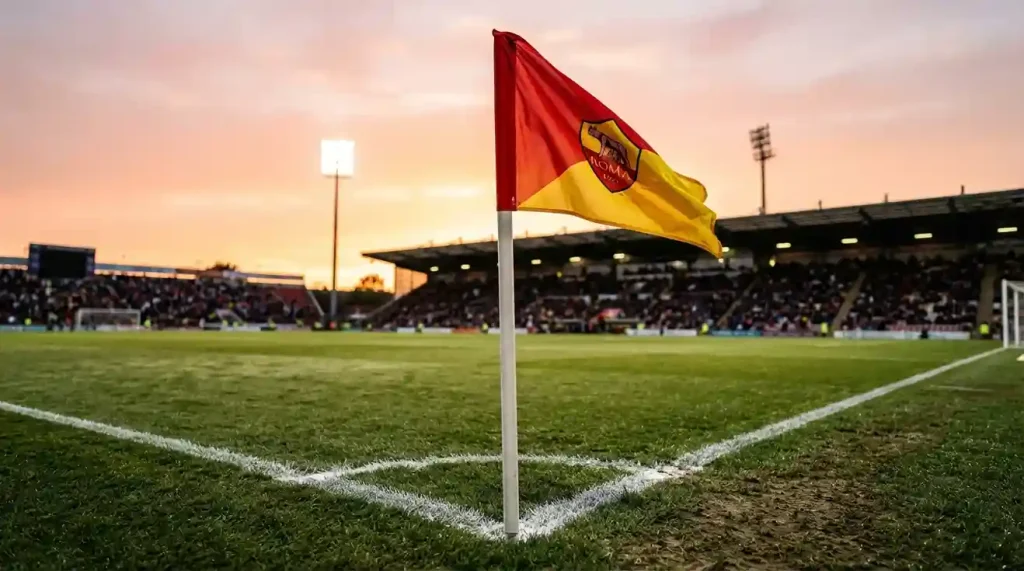 Bandierina del calcio d'angolo su un campo in erba naturale con le linee bianche e lo stadio illuminato sullo sfondo al tramonto