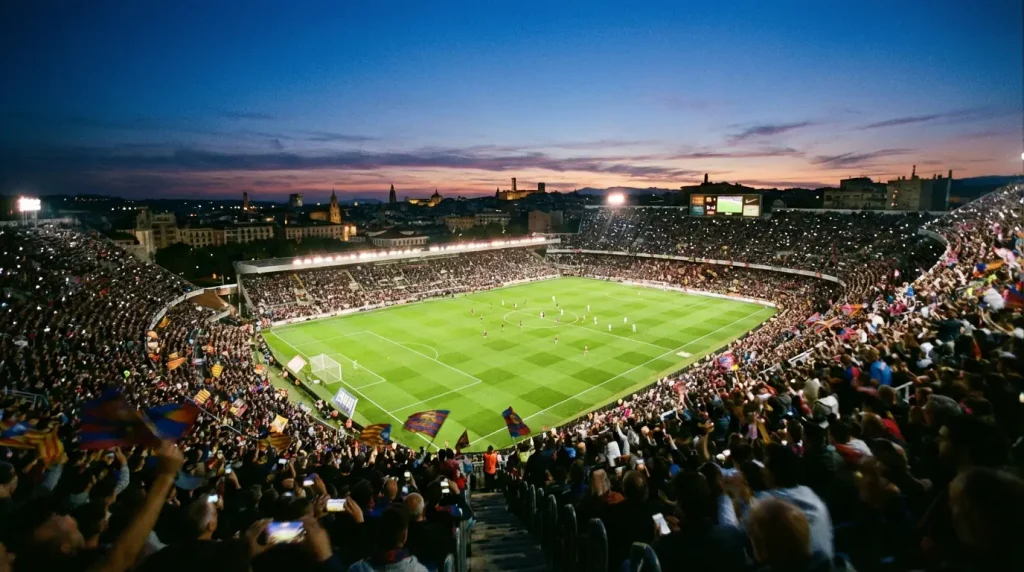 Stadio di calcio illuminato durante una partita serale con campo in erba naturale visto dalle tribune con tifosi sfocati