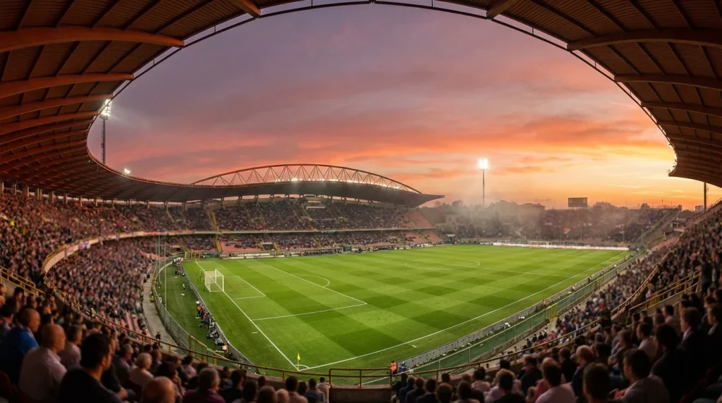 Panoramica di uno stadio italiano di Serie A al tramonto con campo in erba naturale verde e tribune affollate