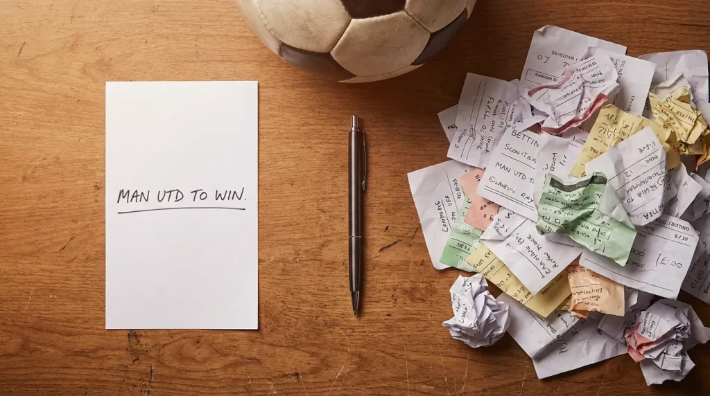 Una singola schedina di scommesse su un tavolo accanto a una pila di schedine multiple, con un pallone da calcio sullo sfondo