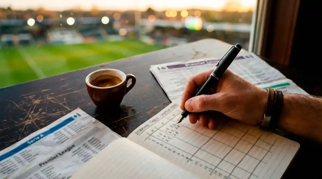 Mano di uno scommettitore compila una tabella di puntate su un quaderno accanto a un campo da calcio illuminato