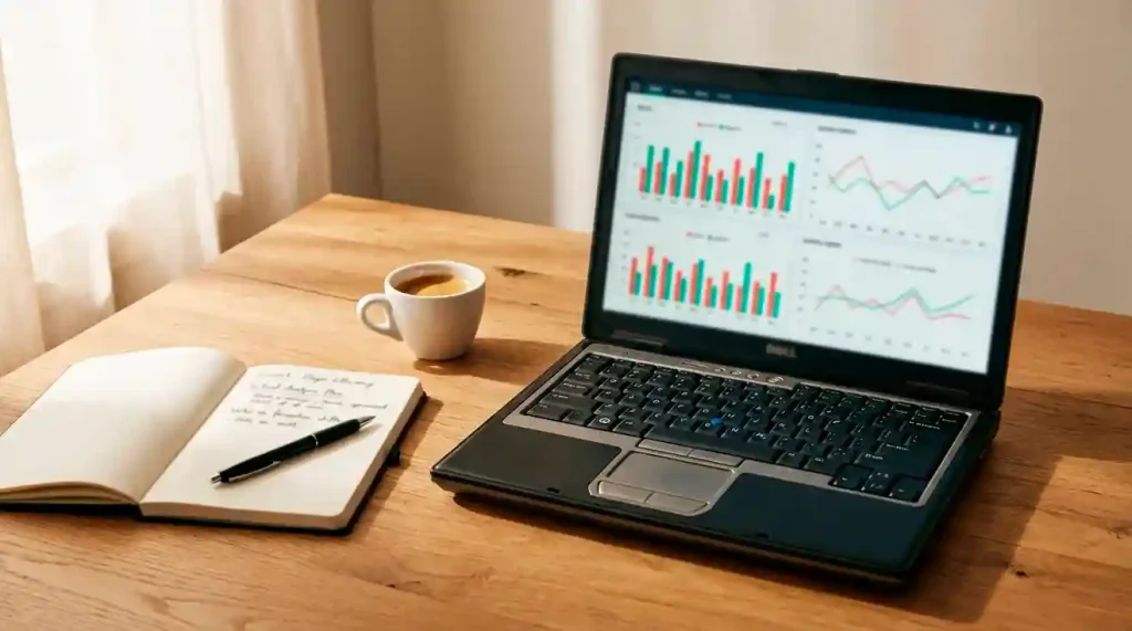 Laptop aperto su una scrivania con grafici e statistiche di calcio sullo schermo, quaderno di appunti e tazza di caffè accanto