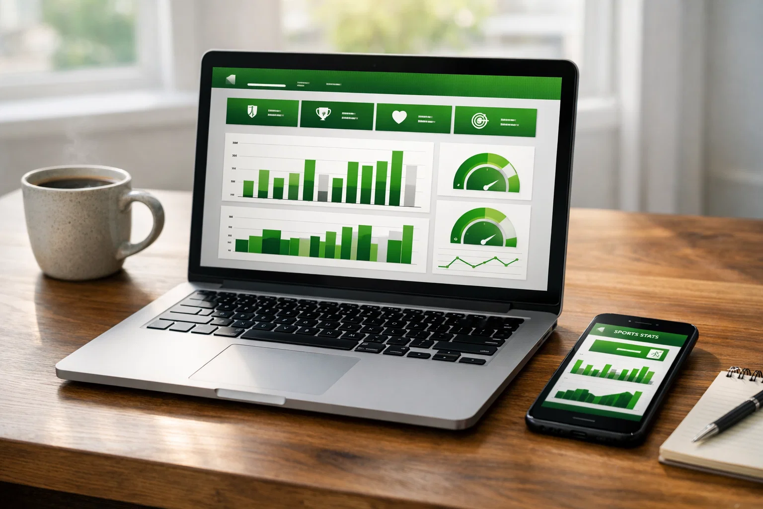 Computer portatile con dashboard di statistiche calcistiche e grafici