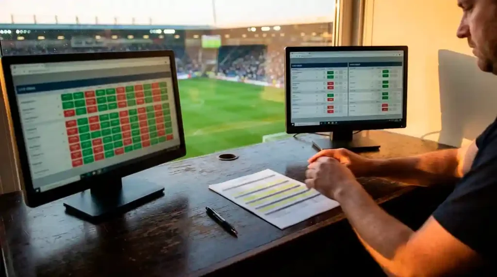 Mani di un analista confrontano quote di scommesse calcistiche su più schermi con un campo da calcio in erba sullo sfondo