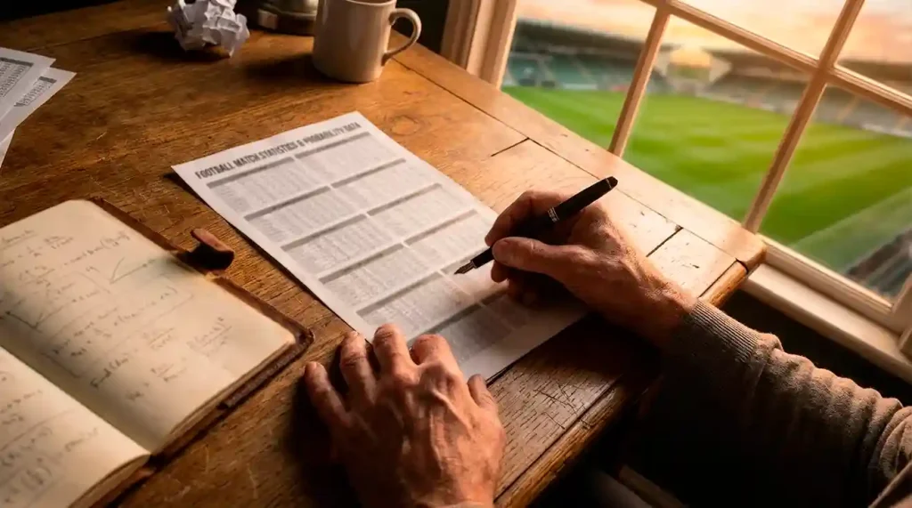 Analista di scommesse sportive studia statistiche di calcio su un foglio con dati e penna, stadio sfocato sullo sfondo